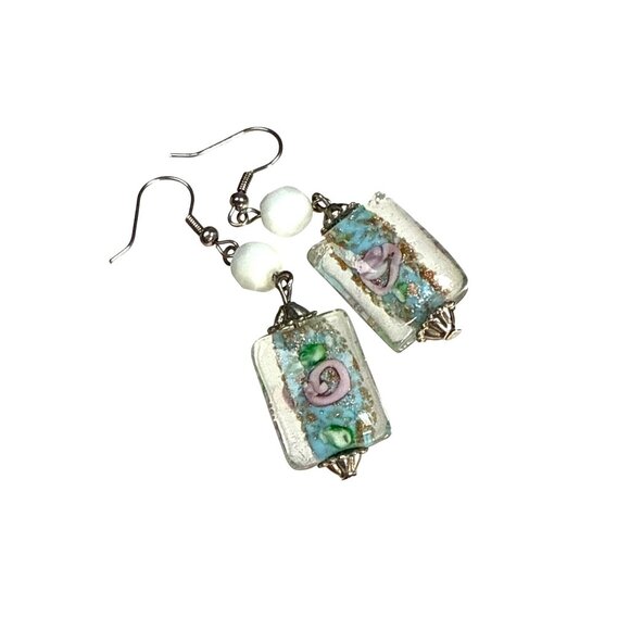 Glass Bead Earrings Rectangular Dangle Handmade Boho Jewelry Gift - Picture 5 of 8